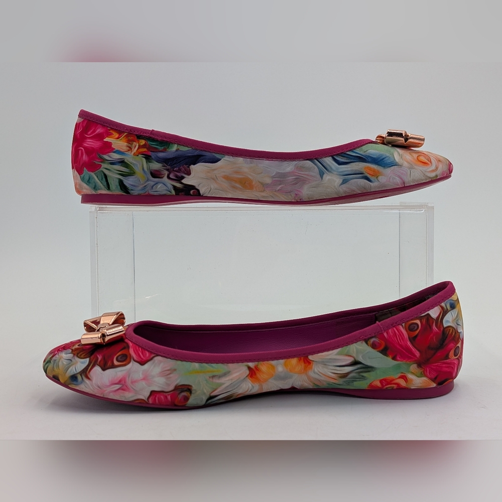 Ted Baker London IMME 2 Sz 9  Vibrant Floral Pink Ballet Flats Rosegold Bows - Picture 13 of 17